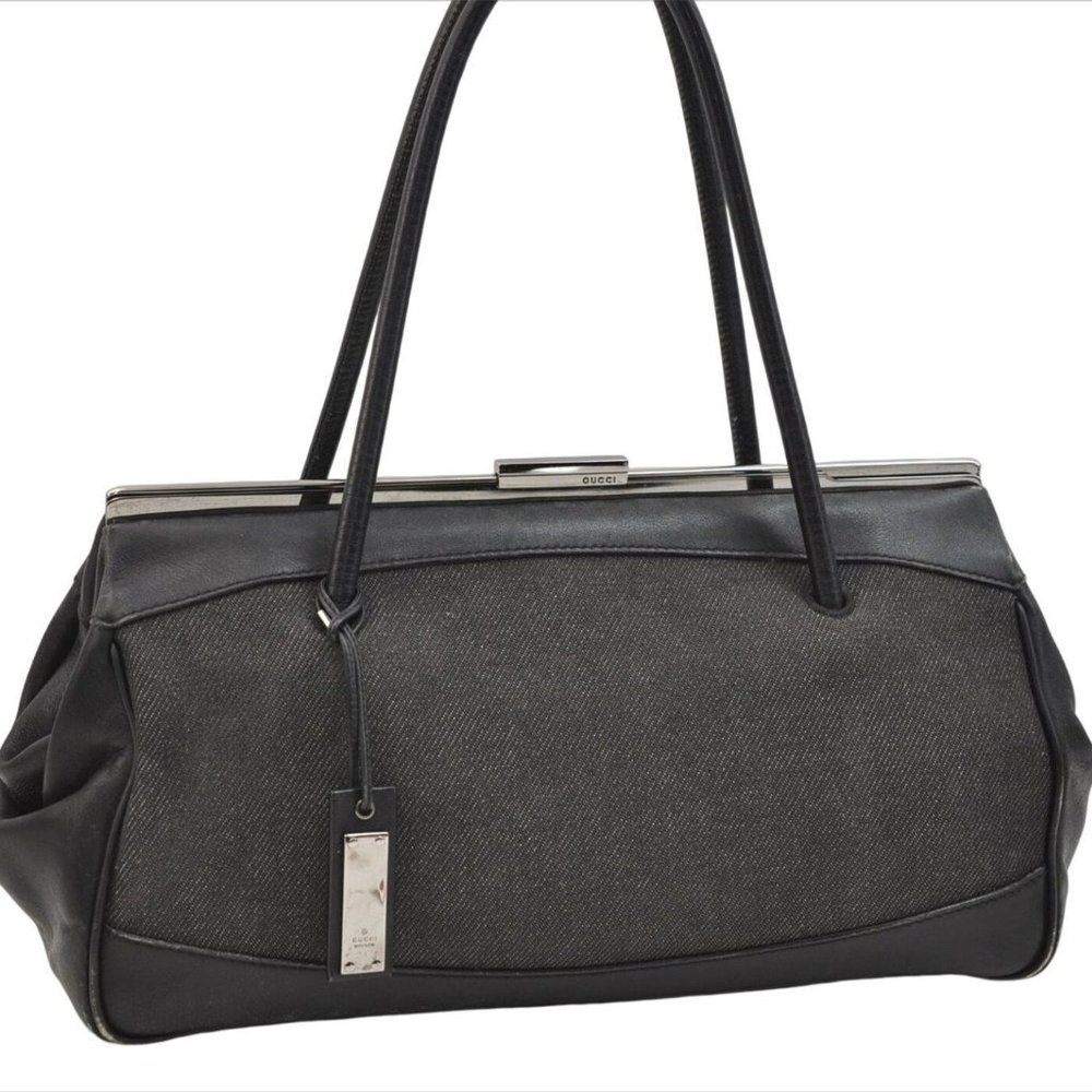 ❤️Authentic GUCCI Vintage Satchel Shoulder Hand Bag Purse Canvas Leather Black